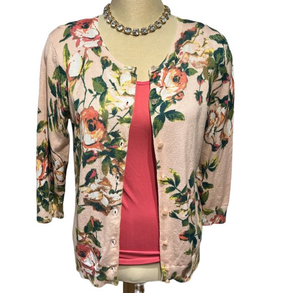 GNW Floral Cardigan Size Large Button Down Pale Pink Very Pretty Rayon - Picture 3 of 13